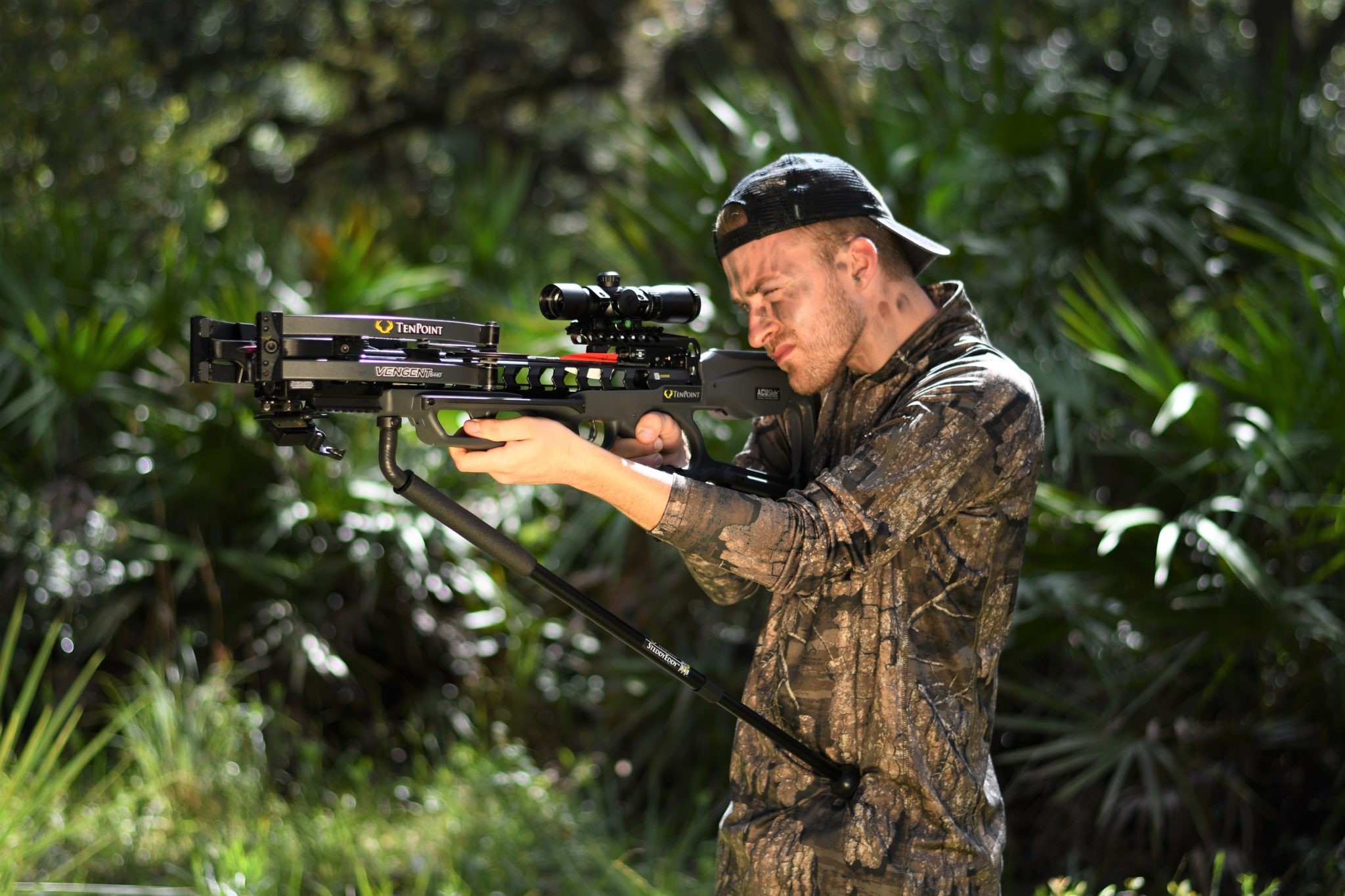 TenPoint SteddyEddy Monopod - mounted on a crossbow for hip shooting