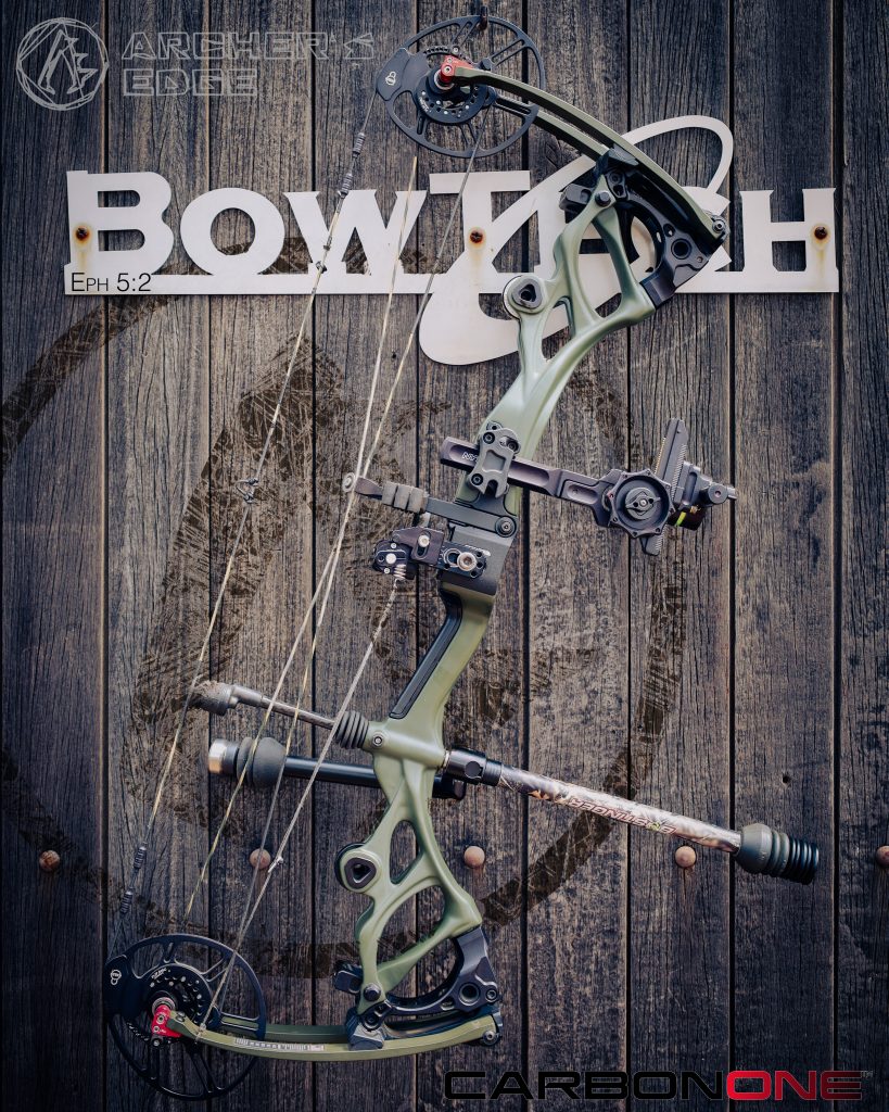 Bowtech Carbon One on a brown Wall with full gear