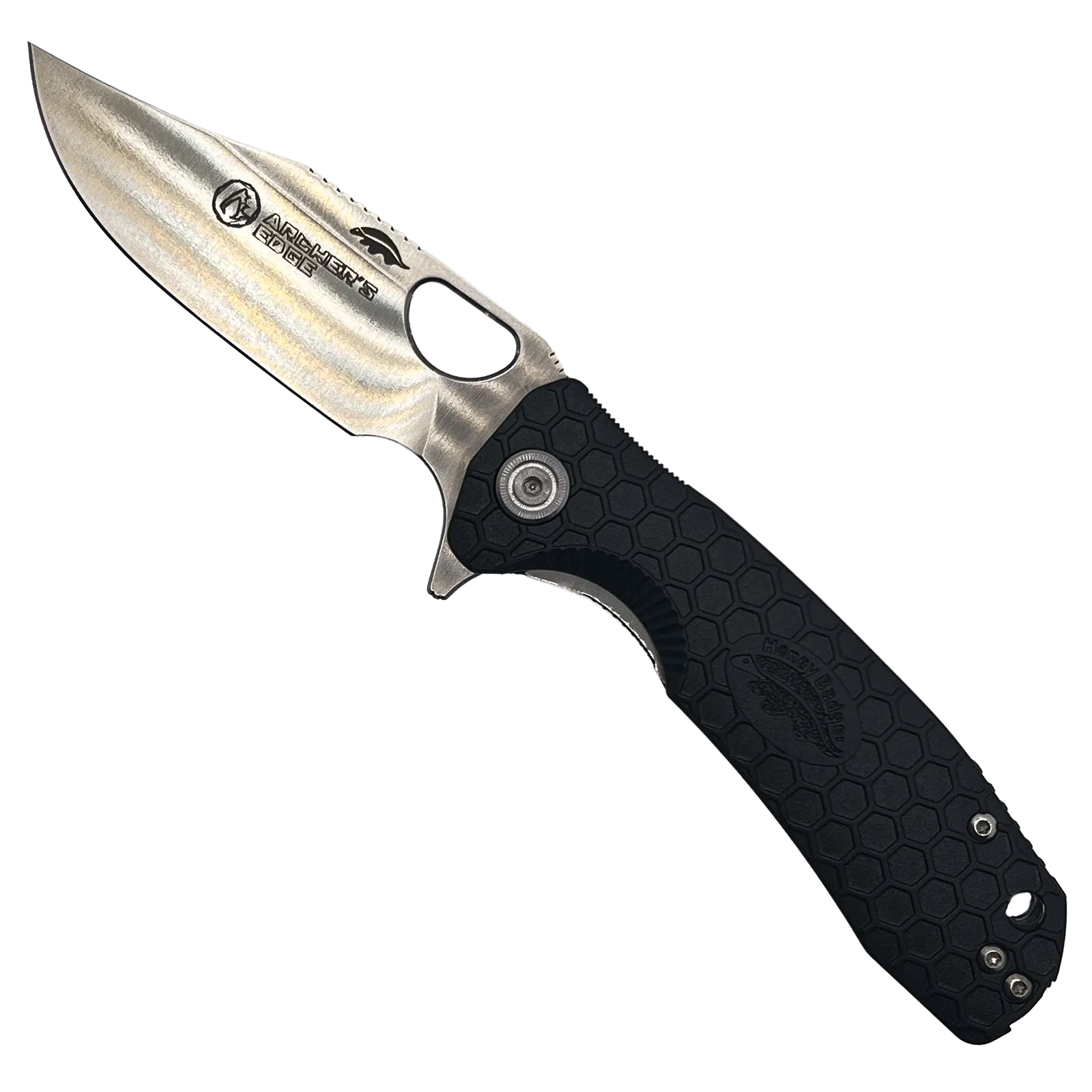 Honey Badger Clip-Point Black Open with AE Logo