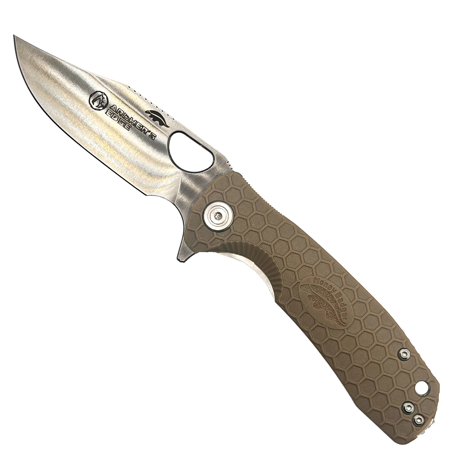 Honey Badger Clip-Point Tan Open with AE Logo